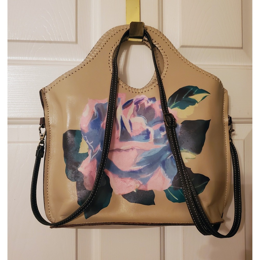 Patricia Nash Rose Hand Painted Leather Satchel Crossbody Bag Tan Floral Design
